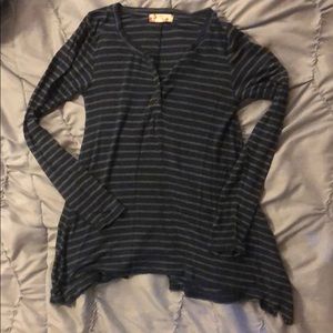 Long sleeve, dark blue striped shirt